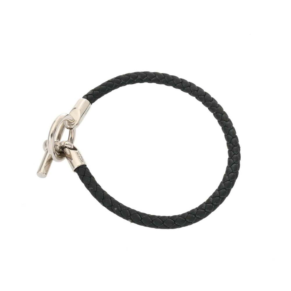 HERMES Glenan Bracelet, Black Leather, Silver Hardware, Men's/Women's, B Rank... - Picture 4 of 11